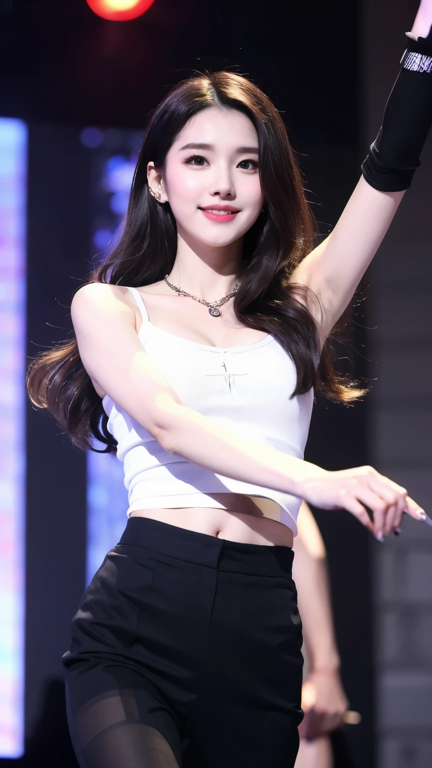 (Photorealistic),(Masterpiece),(ultra-detailed),a  close shot of very pretty tall but very thin and feeble and almost skin and bones,have no fat,extremely small head,extremely thin and slim thighs and legs thin as arms,wearing a loose skirt and a tank top,171cm and 37kg,performing on a stage,20 year old idol member girl, has eaten almost nothing for a month due to how busy she is, somehow staying bright despite being extremely exhausted and hungry, feels like she could faint instantly but stays bright for her fans