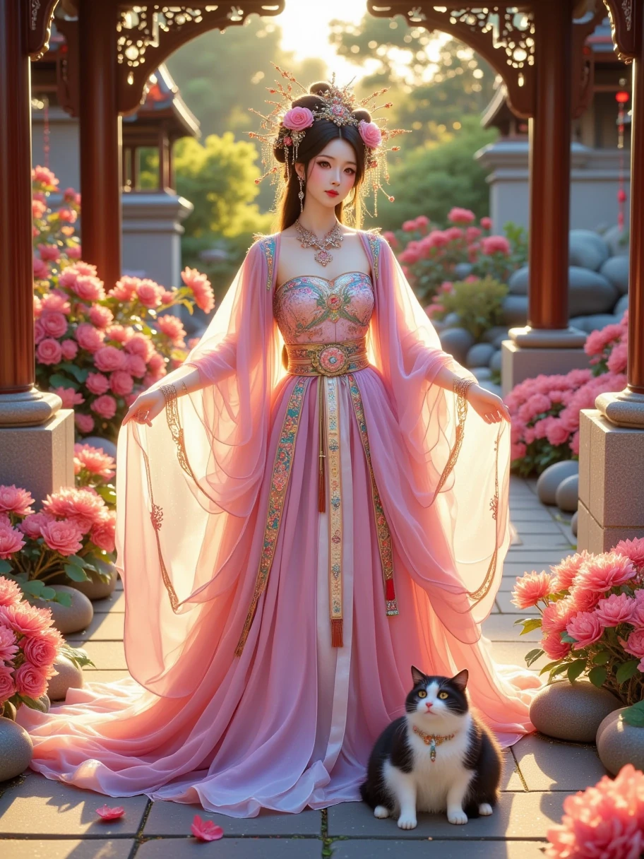 Peony fairy，（whole body粉色纱裙）， with a pink plush kitten on the foot，Fairies in Chinese mythology， in the image of a beautiful woman ， wearing a peony flower in full bloom ，Long flowing hair， standing in a pavilion and 100 gardens ，whole body。pink hanfu，whole body。 Ambient color is pink and white 。Realistic photography style、， high resolution， vibrant composition ，Smooth movement，Dynamic Lighting， The half-body lens uses a telephoto ， The composition uses a perspective line composition ， The art style is photographic ，8k