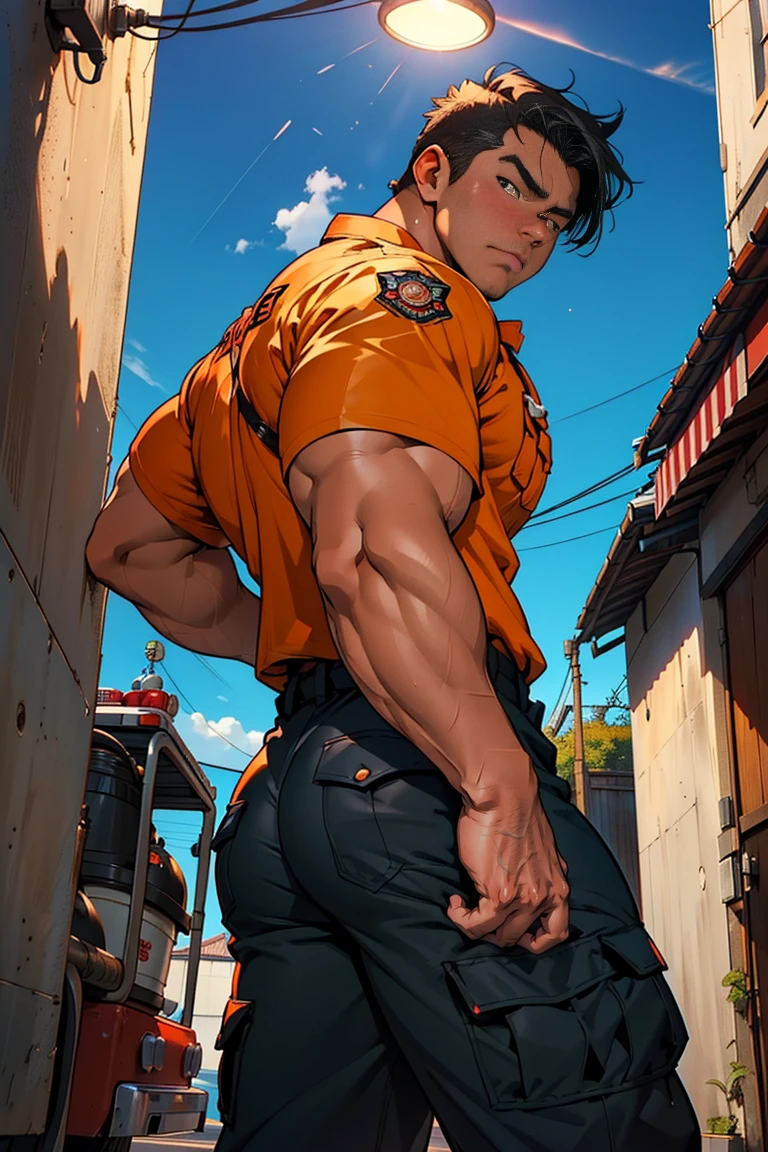 (1boy), ((showing off huge butt)), 25 year-old boy, cute *********, orgasm, bulky body, ((close-cropped black hair)), big ass, huge butt, (masterpiece), (best quality), (((perfect anatomically))), ((high detailed)), (((firefighter))), (clothed firefighter uniform without cap), ((wearing firefighter uniform with orange)), orange colour, japan, Iwatani Naofumi, (chubby:1.3), sunburned dark skin, glossy skin, (tan, tan lined), muscular bulky hunk 20 year-old male, at the street behind, at night, provoking, (angle from below: 1.4),