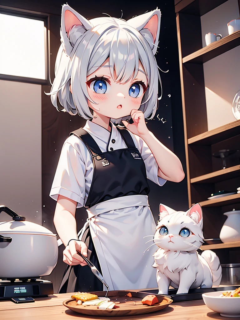 Siamese cat、kitten、 white and gray body hair 、 cooking、