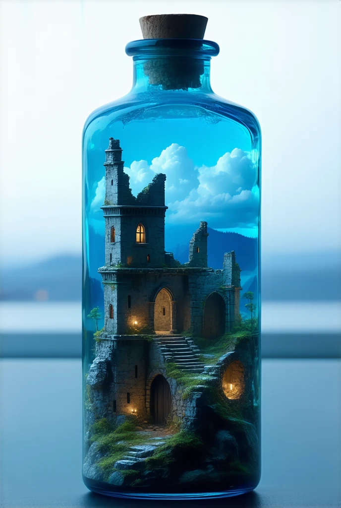 an ancient city ruins inside a bottle,simple design,detailed architecture,atmospheric lighting,fantasy art,high resolution,intricate structures,blue tones,glass texture