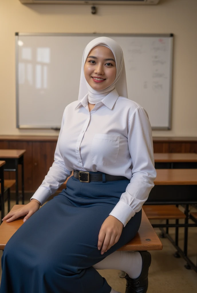  a beautiful indonesian woman ((20 years old)) ((big boobs 2 .3)) sitting on a school bench )). ((Wearing a white Islamic hijab covers the chest)) ((shirt pocket on the left breast )). (( Indonesian high school uniform shirt in white color long sleeves )).  Skirt up to calf color blue to ash)) (( wears black school belt )). ((feet wearing black shoes.)) socks white to calf )). ((  inside a school classroom  )).  Large and wide whiteboard background hanging on the classroom wall. Full body smiling . (( Rough colored Cctv footage . Warm light .  Low light.))