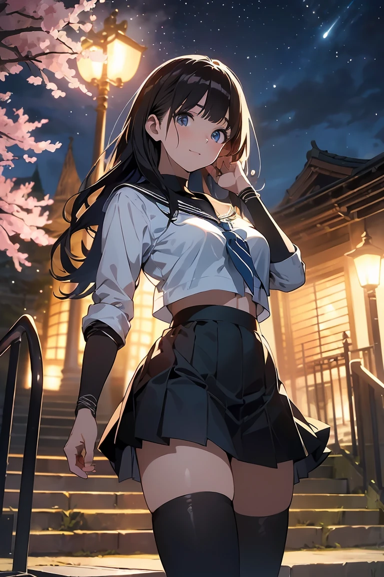 (masterpiece,Best Quality,Detailed beautiful face and eyes:1.2,Perfect Anatomy,beautiful illustrations:1.2,best anime:1.2),(1woman,solo),(wizard、人差しflames on my fingertipsを灯す)、Raise your right hand near your face and raise your index finger、flames on my fingertips、25 year old beauty、brown hair、long hair ,blunt bangs,brown eyes,Bullish smile,perfect proportion,slender body,skinny,medium breasts,naked,gleaming skin,oliy skin,shiny skin,Academy服、white collar shirt、short sleeve、blue tie、navy pleated skirt、mini skirt、Black High Socks、loafer shoes、outdoor、schoolyard、Academy、at night、at night照明、