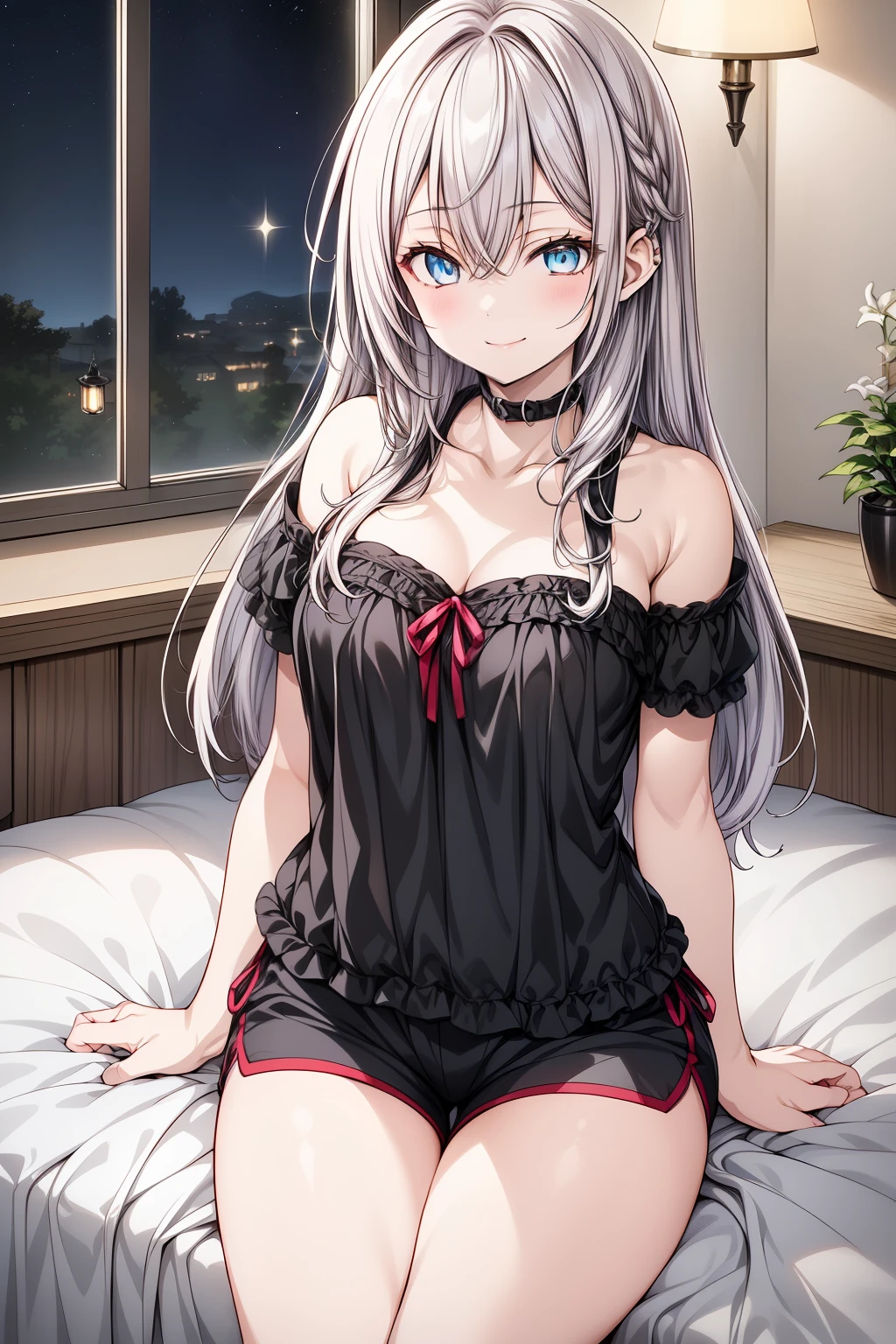 Anime-style artwork of a (beautiful young woman, 20 years old) with (long, flowing white hair cascading softly over her shoulders) and (large, multicolored blue eyes) that glow gently in the dim light of the night. She is wearing a (soft, silky pajama set in light pastel tones, with a slightly loose top that reveals a hint of her collarbone and matching shorts that highlight her slim and elegant figure).
She is seated or standing in a (cozy bedroom at night), illuminated by the (gentle glow of moonlight streaming through a nearby window). The room is decorated with (plush pillows, a warm blanket draped over the bed, and a nightstand with a softly glowing lamp). Her expression is (calm and relaxed), with a (subtle, warm smile) that reflects the tranquility of the night. The atmosphere is peaceful, with the (faint sparkle of stars visible through the window) adding to the serene and intimate setting."