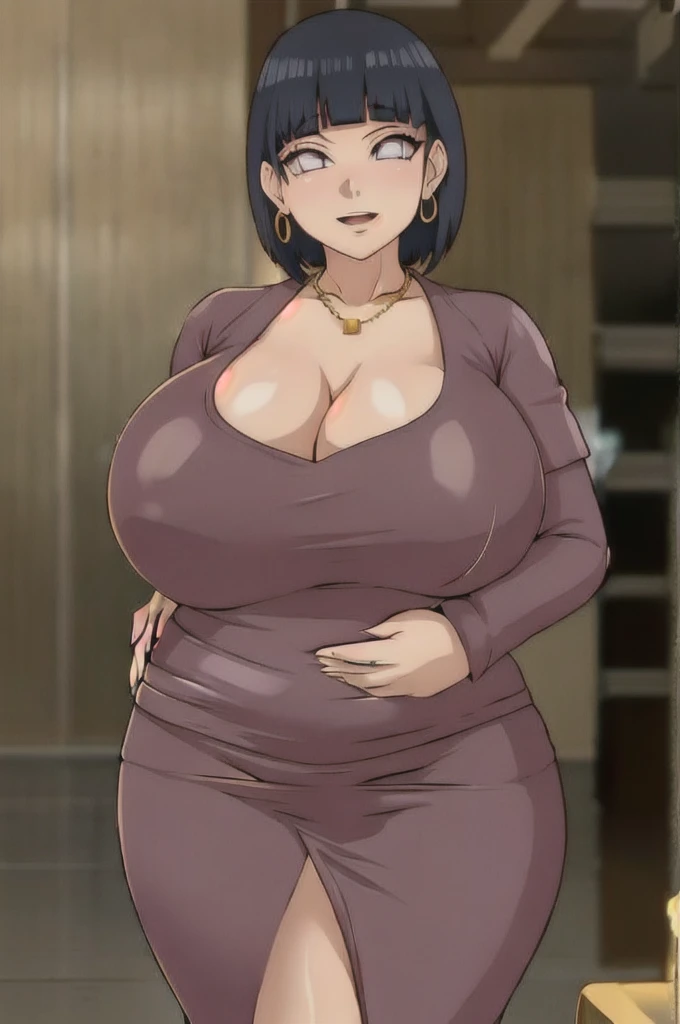 Hinata hyuuga,Big breast,((Cleavage)),Gold chain necklace,Gold hoopa bracelet,((Gold bar earring)),Long nail,Skindentation,((Wedding ring)),ear visible,SHORT SLEEVE thin black dress,Solo,1girl,Detailed hand,Standing,((Body facing front)),Visible nape,Glossy lips,Wide hip,Curvy figure,Light blush,Gaze on viewer,Swaying hip,smile,Close mouth