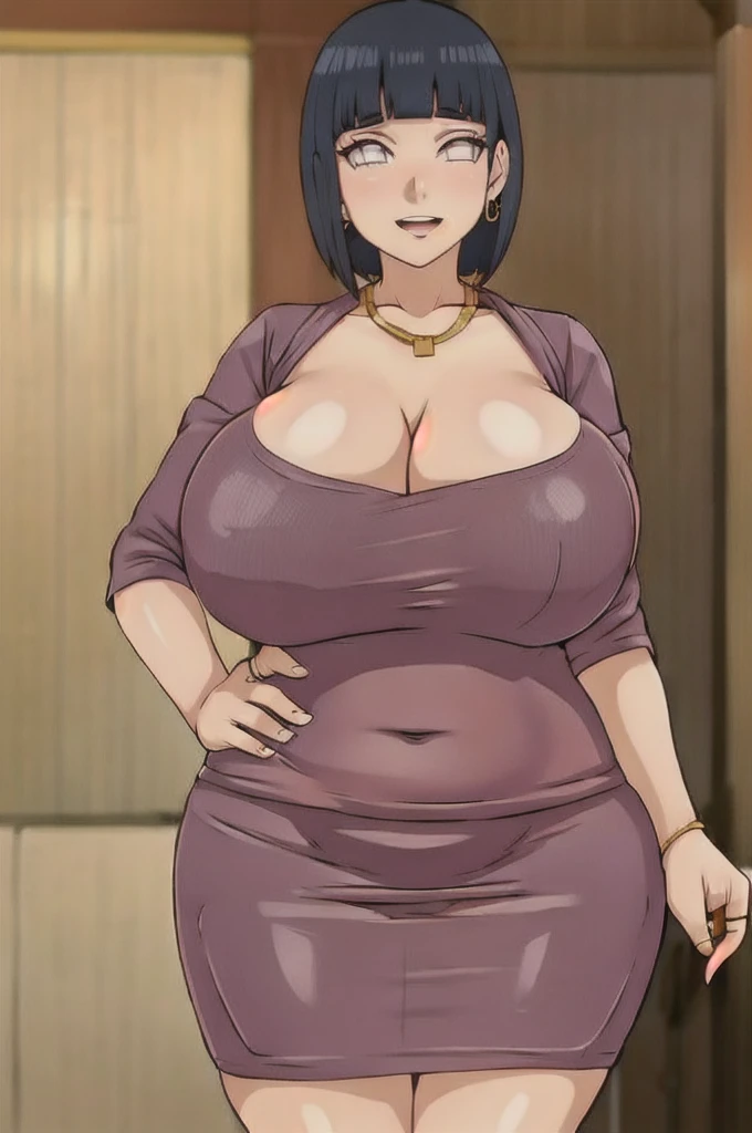 Hinata hyuuga,Big breast,((Cleavage)),Gold chain necklace,Gold hoopa bracelet,((Gold bar earring)),Long nail,Skindentation,((Wedding ring)),ear visible,SHORT SLEEVE thin black dress,Solo,1girl,Detailed hand,Standing,((Body facing front)),Visible nape,Glossy lips,Wide hip,Curvy figure,Light blush,Gaze on viewer,Swaying hip,smile,Close mouth