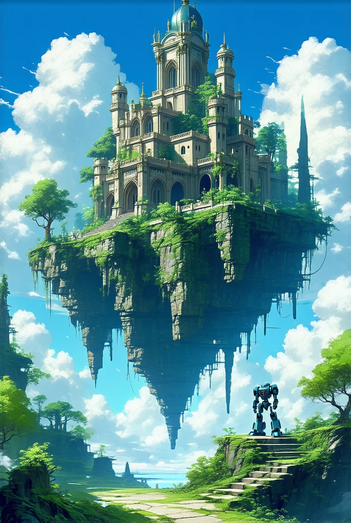 A floating ancient city in the sky,inspired by Laputa from Castle in the Sky,with lush greenery and majestic architecture.A robot guardian stands watch over the city,showcasing intricate details and a serene atmosphere,bright blue skies and soft clouds surrounding the scene,fantasy art style.