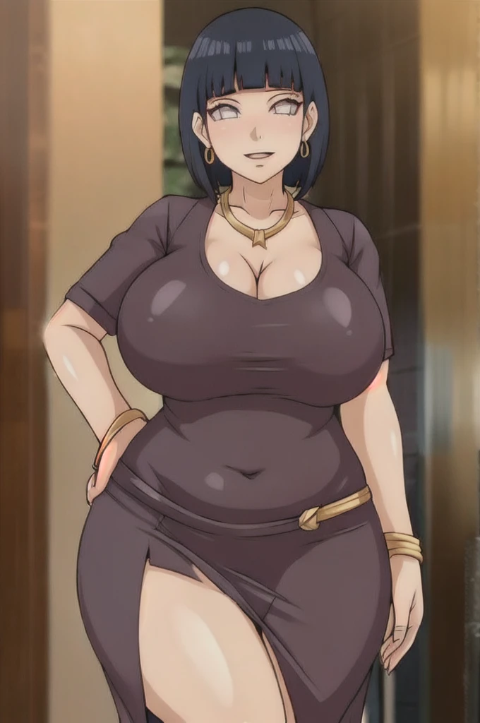 Hinata hyuuga,Big breast,((Cleavage)),Gold chain necklace,Gold hoopa bracelet,((vertical Gold bar earring)),Long nail,Skindentation,((Wedding ring)),ear visible,SHORT SLEEVE thin black dress,Solo,1girl,Detailed hand,Standing,((Body facing front)),Visible nape,Glossy lips,Wide hip,Curvy figure,Light blush,Gaze on viewer,Swaying hip,smile,Close mouth