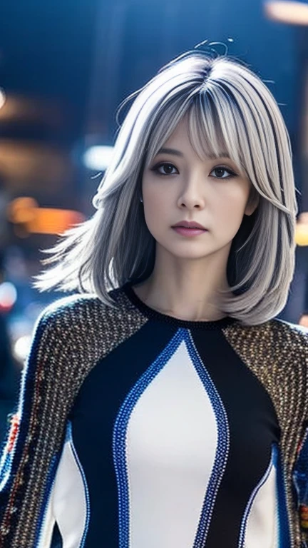  Masterpiece ,  High Quality ,  high definition , 8k, (Alone:1.2), (( 1 girl)),  comet ,  detailed face ,  DETAILS EYES , correct body structure,  upper body, (( white hair :1.2)),  Very Long Hair ,  messy hair , 細身の体,  Seductive Silhouettes , Glorious skeleton,  depth of writing, Dark photo at night, dim, bangs,  movie-like lighting, tyndall effect,  abstract background , Futuristic costume, Based on black,  modern style ,  Wide Sleeve, Artistic, Unique Pattern ,  colorful ,  perfect eye details , trend, ywife, conceptual art, Euro-American realism,
