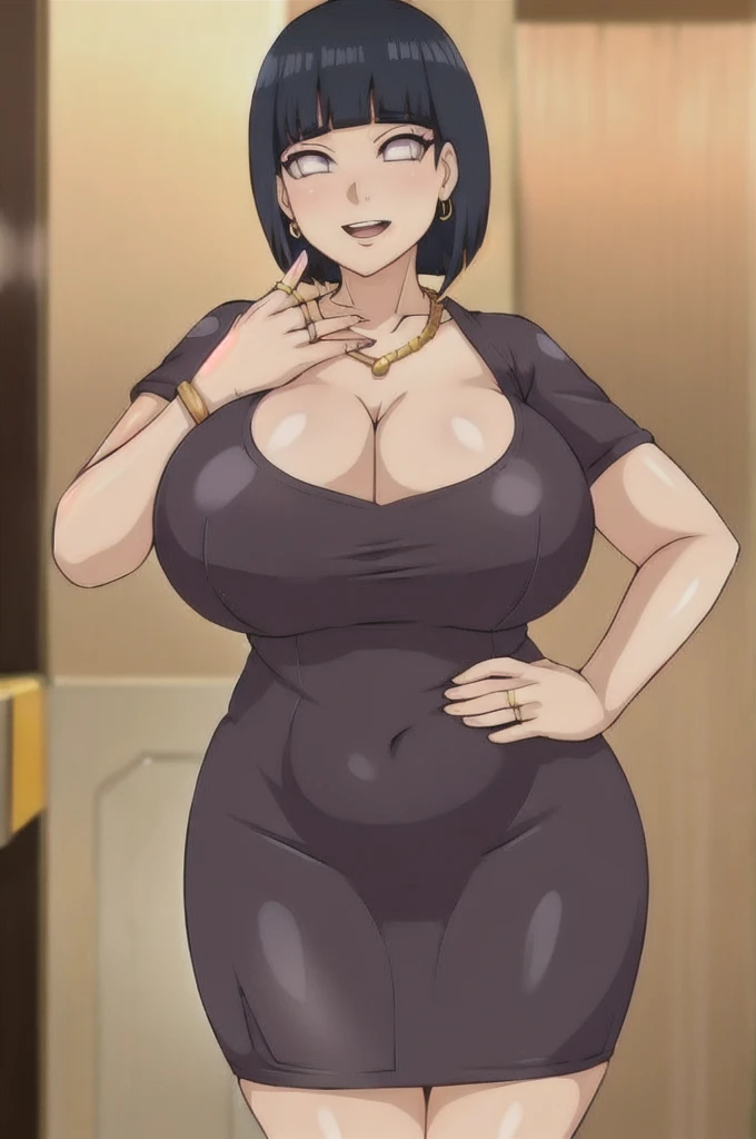 Hinata hyuuga,Big breast,((Cleavage)),Gold chain necklace,Gold hoopa bracelet,((vertical Gold bar earring)),Long nail,Skindentation,((Wedding ring)),ear visible,SHORT SLEEVE thin black dress,Solo,1girl,Detailed hand,Standing,((Body facing front)),Visible nape,Glossy lips,Wide hip,Curvy figure,Light blush,Gaze on viewer,Swaying hip,smile,Close mouth