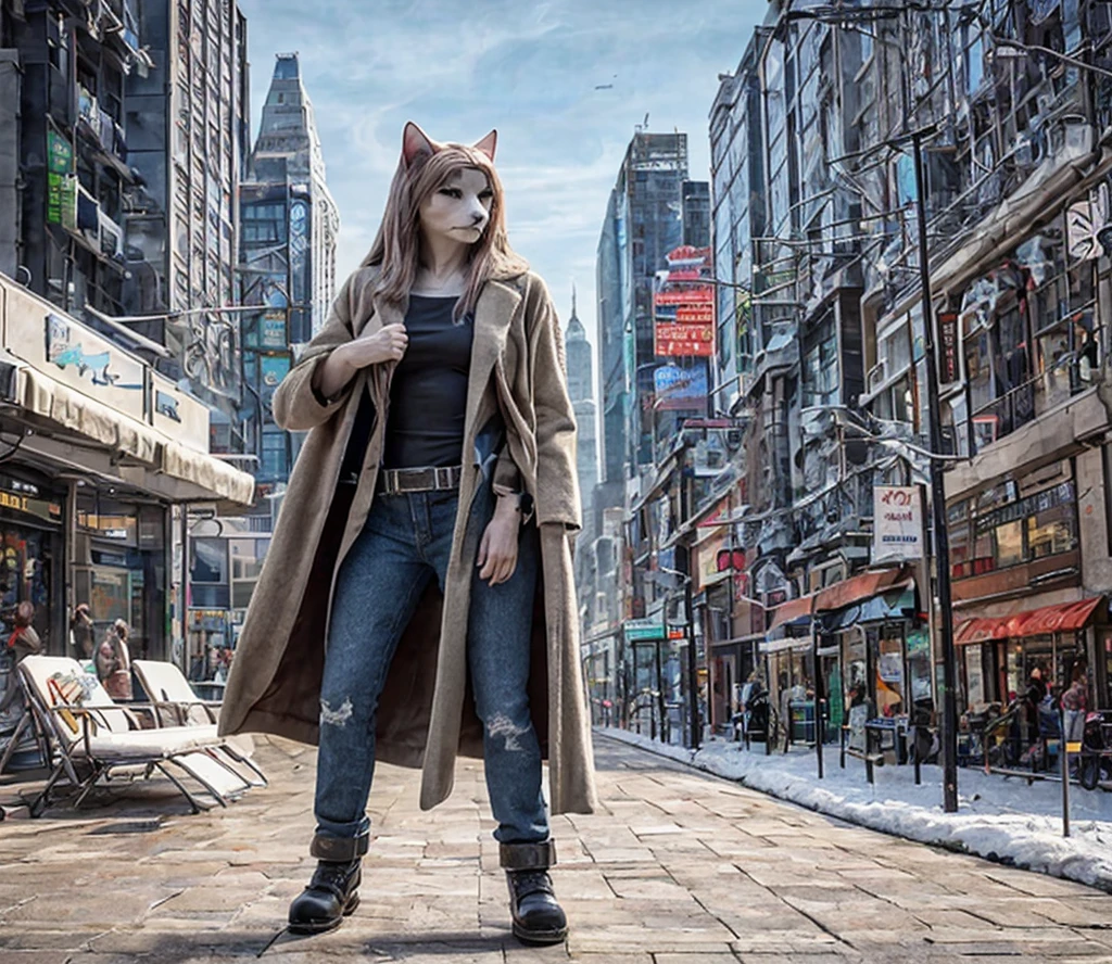 (photorealism:1.2), very beautiful adult anthropomorphic female cat, black skin, center of face white, white neck, light blue eyes, brown wavy long hair, light pink lips, black winter coat, closed coat, rough tissue coat, jeans, holding futuristic pocket, standing, giant dinosaur stone sculpt behind character, plaza, sci-fi futuristic city, alone