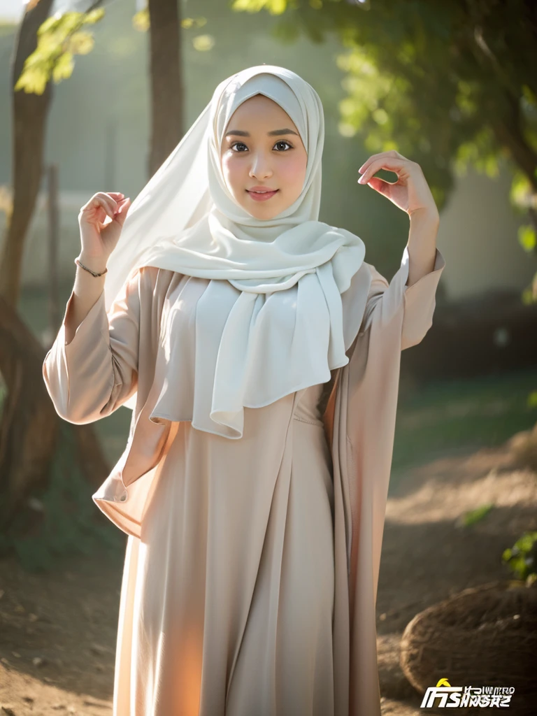 malay hijab girl, charm smile, sitting on the wild grass field, looking towards the viewer, (beautiful detailed eyes, beautiful detailed lips), (realistic, photorealistic:1.37), (best quality, 4k, highres, ultra-detailed), (soft natural lighting), medium: oil painting, (vivid colors), (sharp focus), traditional clothing, blooming flowers, peaceful atmosphere, (subtle bokeh), (detailed facial expression), tranquility, modesty, (refined brushstrokes), (masterpiece:1.2), gentle demeanor, serene backdrop, graceful posture, delicate features, vibrant hues, idyllic surroundings, earthly tones, cultural authenticity, calmness, summer afternoon, natural beauty, the viewer behind her