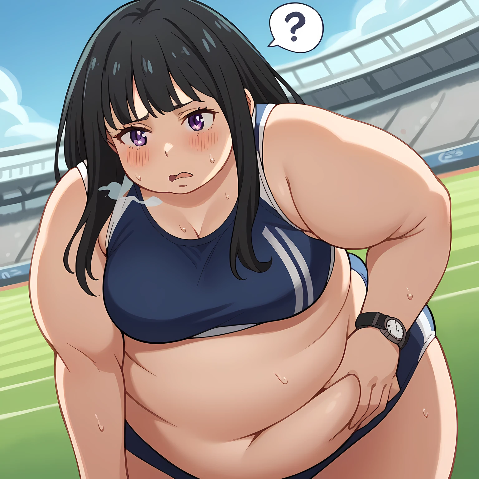 score_9, score_8_up, score_7_up, source_anime,
takinainoue, inoue takina, long hair, bangs, black hair, purple eyes,
crop top, white socks, buruma, sports bra, sportswear, wristwatch, sports bikini,
outdoors, track and field, stadium, bent over,
looking at viewer, cowboy shot, dutch angle, solo, bulging belly, fat, chubby, obese, open mouth, out of breath, absurdres, highres icon, rating:General, confused, blush, spoken question mark, {flustered}, nervous sweating, portrait, pov hands, hand on another's belly, averting eyes, [looking away], straight-on, from below, swollen face, masterpiece, best quality, ultra-detailed, high resolution, 8K, absurdres, highres icon,