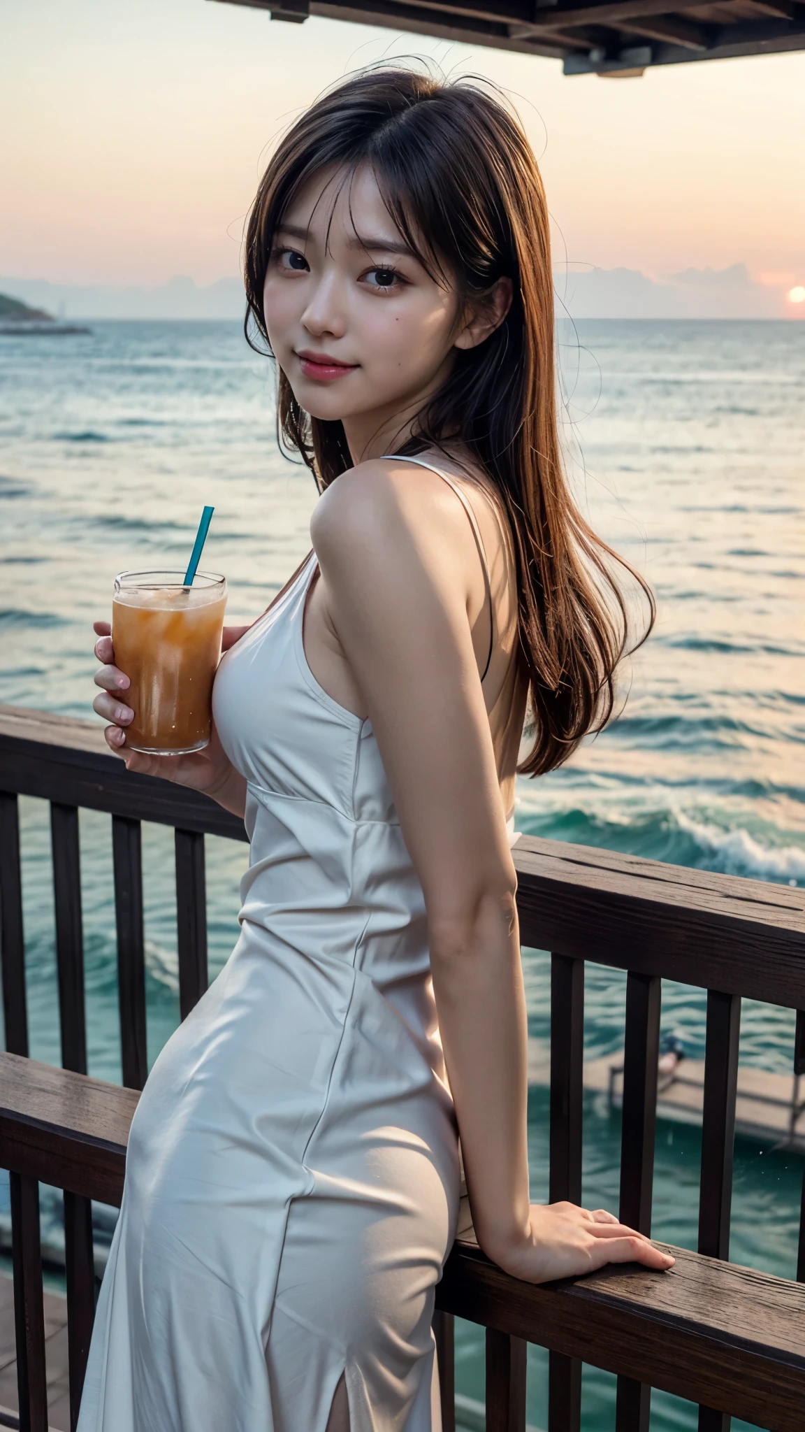 Upper body close-up image. Twenty years old. A beautiful woman. Dark brown hair. She holds a cola in one hand. It is summer and she is standing on the beach.