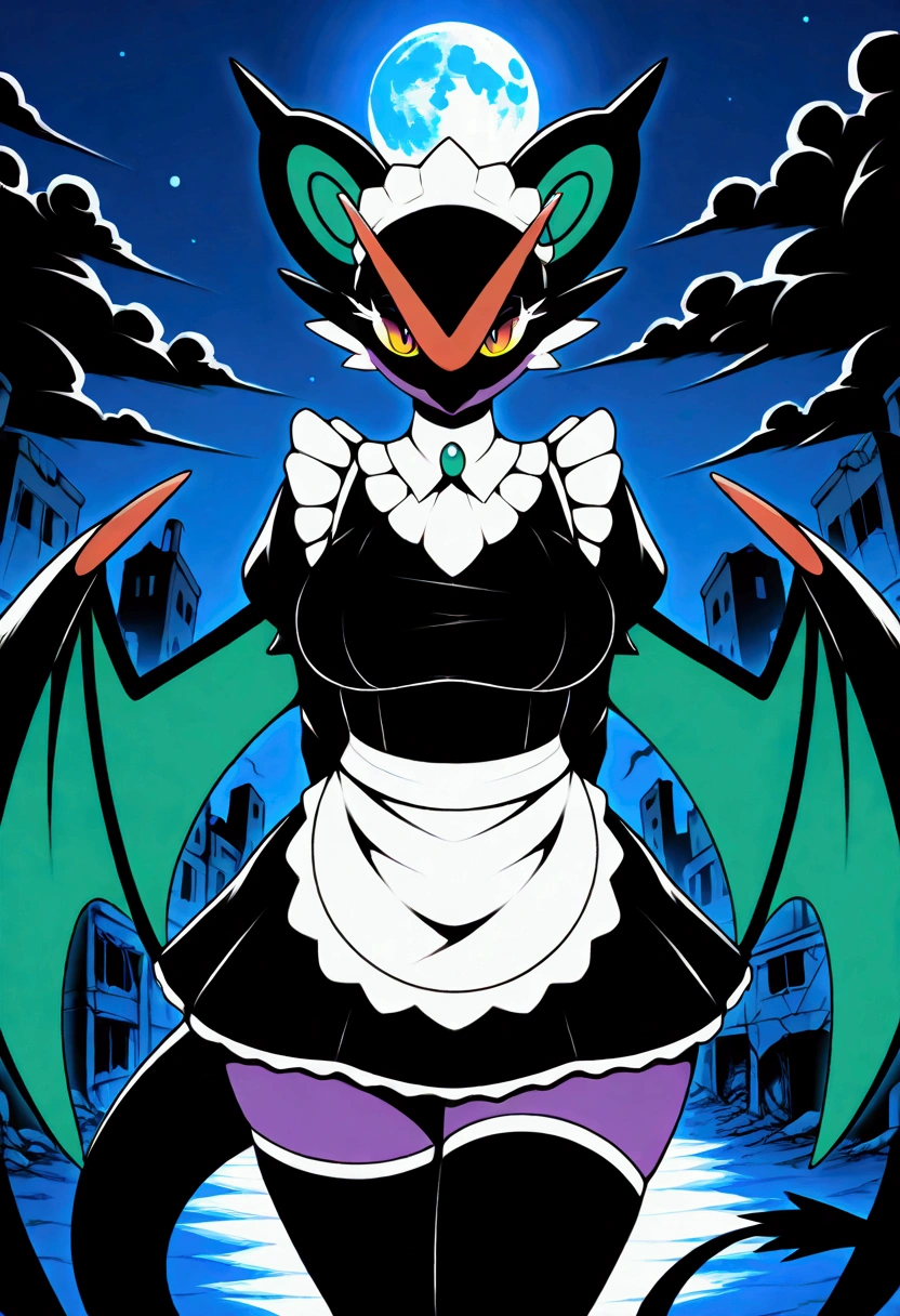 uploaded on e621, (biozs, kakiikada, anawat, r-mk), female, solo, anthro, fur, feral, mammal, scalie, pokemon, noivern, two tone body, multicolored body, black and purple body, maid apron, long black maid uniform, uniform, clothing, white headwear, white panties, long black maid dress, black maid topwear, black thigh highs, thin body, thick thight, wide hips, tail, wings, arms crossed behind back, hidden breasts, unimpressed, looking at the viewer, post-apocalypse, desolated crumbling medieval city on background, late night, moon, dark alleyway, black clouds, detailed face, close-up, portrait, standing, 