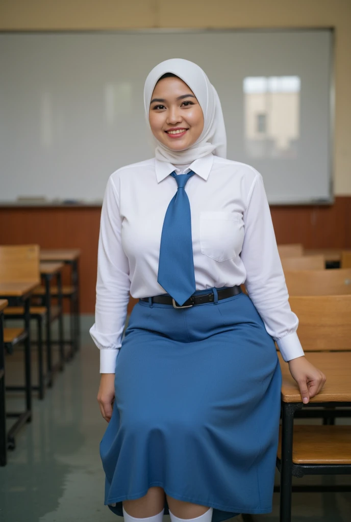 1girl, white dress, wearing hijab, blue skirt, long sleeve,, classroom background, beautiful, pretty,blushing, flawless, (((Tape Gag))), best quality, masterpiece, ultra high res, (photorealistic:1.4), raw photo, large breasts,, (looking at viewer:0.8), various poses, full body, portrait,