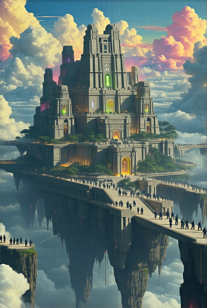 An ancient floating city in the sky,surrounded by vibrant clouds,with intricate architecture and lush greenery.Numerous robot soldiers patrolling the city,showcasing advanced technology and glowing features,in a dramatic and mystical atmosphere.