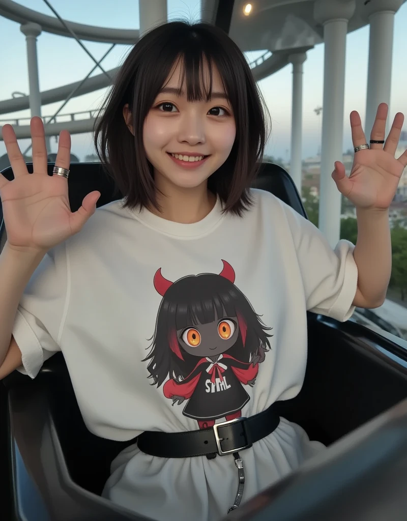 (She is enjoying the roller coaster ride wearing a pastel colored tee with a large print of her favorite cute black devil girl), ultra-realistic, photorealistic, dramatic scene, shadow, global-illumination, solo, (20 years old Japanese famous idol girl but muscular athlete:1.5), bad girl, very beautiful with very cute but boyish cool face, she is wearing punk rock outfits with very realistic smiled Chibi-anime-devil-black-girl printed pastel colored tee, the chibi-anime-devil-black-girl that printed on her tee is 1girl\(dark black devil,cute,big eyes,large circle eyes,black skin,evil smile,long nail,orange eyes, vivid orange eyes, dark black skin, looking down,wearing capelet\(big,long,Tattered\), backlit,full body\), tightly fixed at the seat by the professional seat belt, at the futuristic cyber punk amusement park, ultra dangerous, Screaming, shout,  fear, (big smile), (Coaster accelerates rapidly and runs at high speed with a steep drop:1.5), raised arms, Eyes wide open and exclaiming