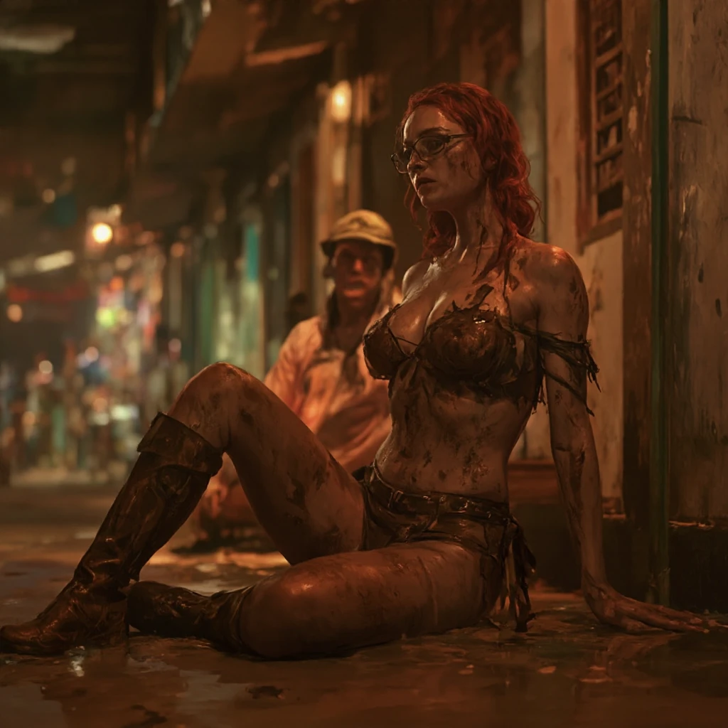 Saigon, Vietnam, 1920s, summer, tropical heat, a public street, bright sunlight, sunny day, bare bosom, large dark areolas showing, nude in public, 22 years old auburn French female law student, glasses, Tattered off-shoulder top, thigh-high boots, tattered muddy micro mini skirt、Muddy thigh-high boots, , dirt, dirty, sleazy, sweaty, mud