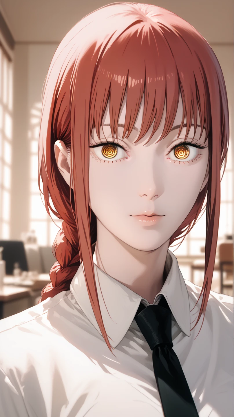 masterpiece, (photorealistic:1.4), best quality, beautiful lighting,
(ulzzang-6500:0.5), makima \(chainsaw man\), (red hair)+(long braided hair)+(bangs), yellow eyes, golden eyes, ((ringed eyes)), (white shirt), (necktie),
RAW photo, 8k uhd, film grain 