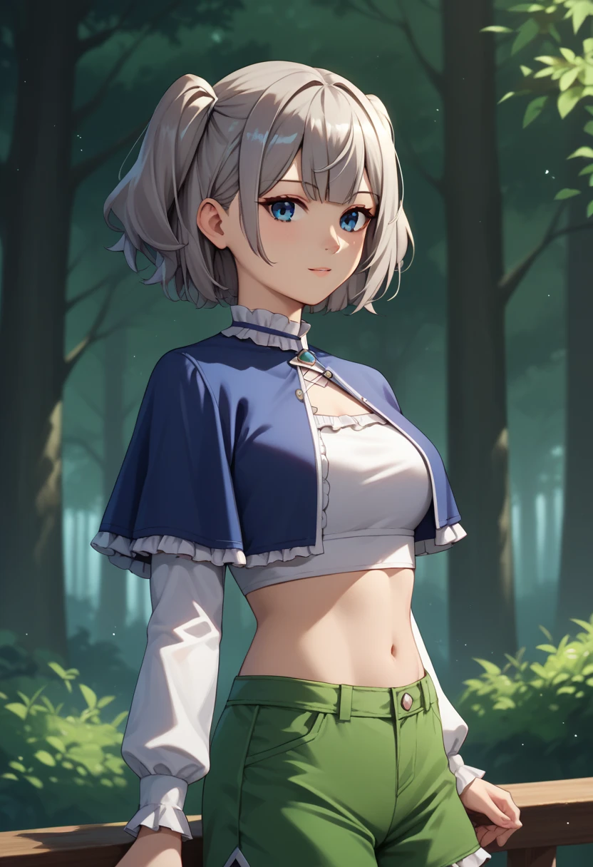 score_9_up, score_8_up, score_7_up,score_6_up, score_5_up, score_4_up, 1girl, solo, grey hair, blue eyes, lawine, blue dress, capelet, frills, long sleeves, kanne, two side up, short hair, green shorts, midriff, crop top, clothing cutout, white shirt, flirting, cowboy shot, Forrest background