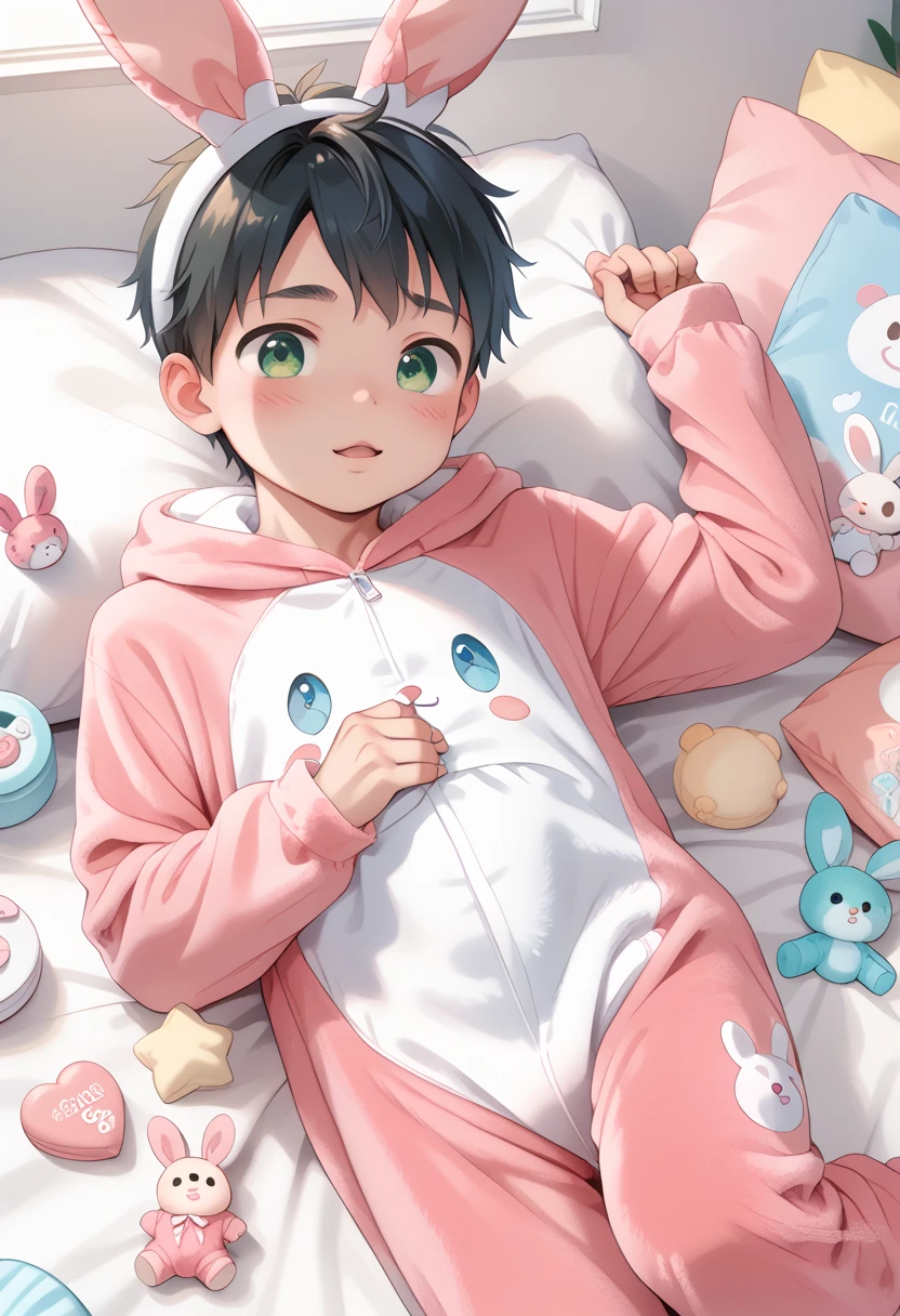 Comic style, comic anime cute boy, black hair, green eyes, slightly blushing, is a ******************, **** clothes,bunny suit pink clothes, cute face, big eyes, anime drawing style, shota boy size, slim body, boy's body, , **** room, **** toys, gay, boys love it, baby body, *************** boy, cute bunny suit pijama dressed, incoming kiss with man