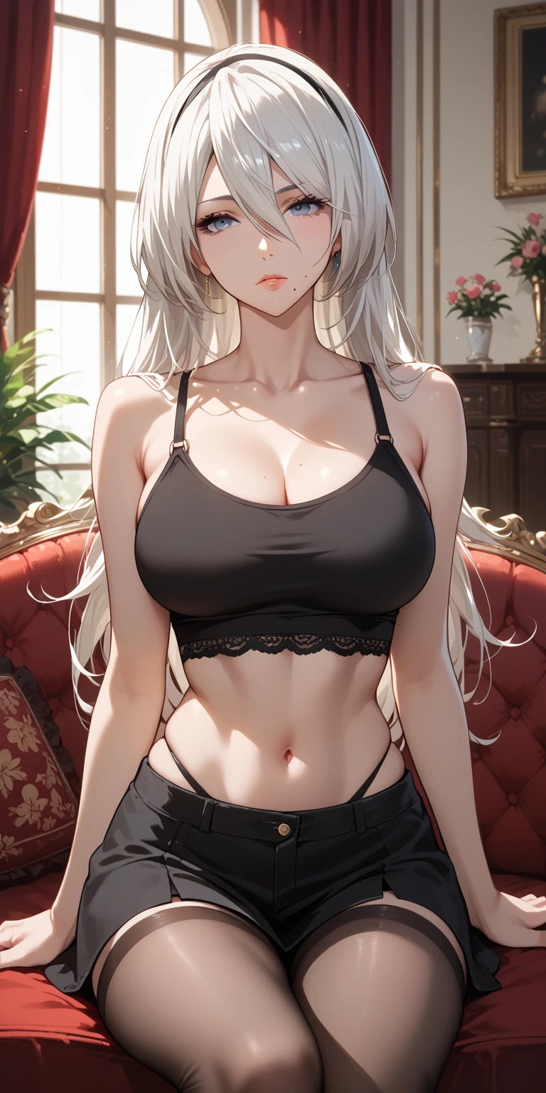 Score_9, Score_8_up, Score_7_up, Source_anime, anime art, anime style, very aesthetic, masterpiece, high quality, 1girl, badass mature woman, milf, curvaceous, mole under mouth, black tank top, navel, white hair, long hair, hair between eyes, expressionless, 2b, yorha no. 2 type b, home, soft light, sitting elegantly on the sofa