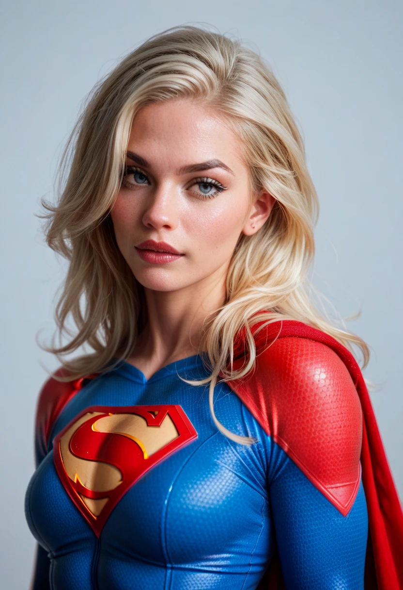 Inda Supergirl medium blonde hair , 27
anos, roupas curtas estilo cyberpunk, with superman S symbol on the chest, olhos azuis, Above average breasts