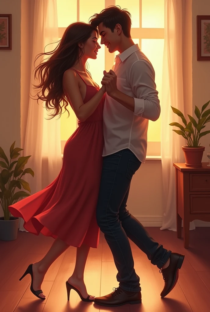 Couple dancing cheerfully to lively music at home. The woman is wearing a short dress, long straight hair, gorda. Skinny man without a shirt and wearing shorts. are smiling. PICTURE REALISTIC