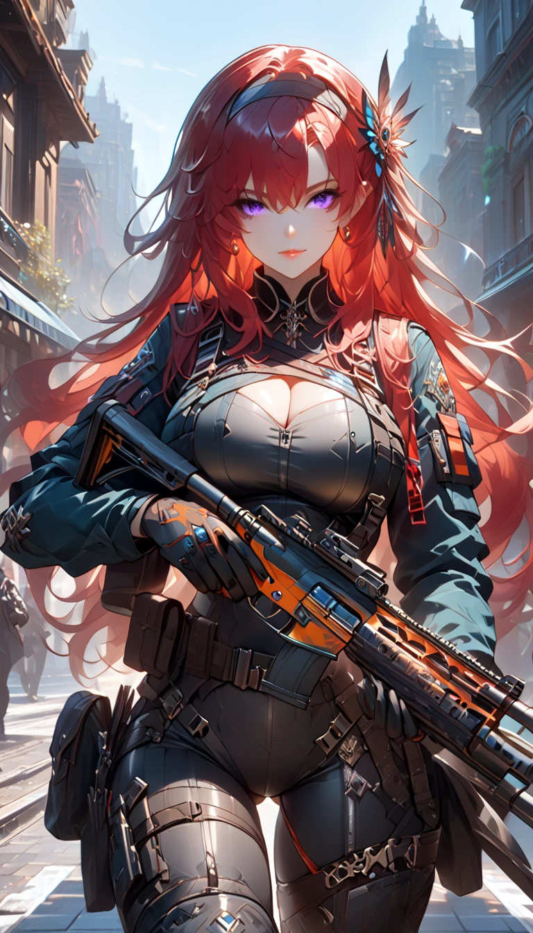 ultra-detailed, 1girl, yinlin_(wuthering_waves), ((masterpiece)), (best quality), (highres), 16K, perfect face, purple eyes, long hair, red hair, bangs, hair between eyes, hairband, wearing tactical clothes, wearing black thong, black gloves, tactical belt, thigh boots, busty body, large breasts and a beautiful ass, showcasing cleavage, legs, hips, (holding assault rifle), looking at viewer, smile, detailed full body, street background