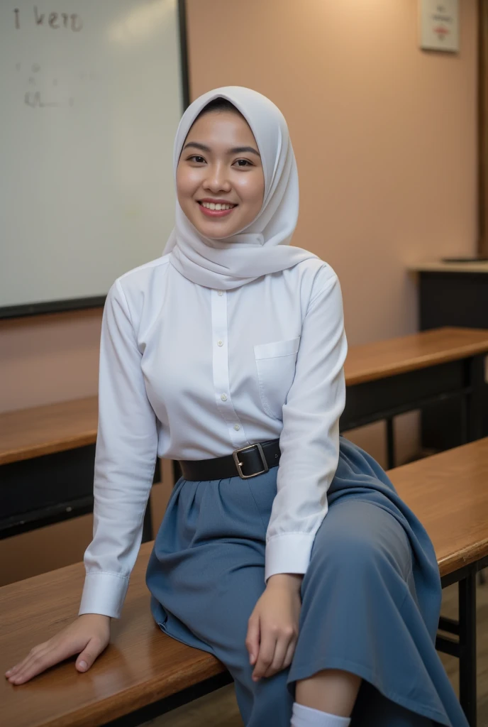  a beautiful indonesian woman ((20 years old)) ((big boobs 2 .3)) sitting on a school bench )). (( Wears a white Islamic hijab to the chest)) ((shirt pocket on the left breast )). (( Indonesian high school uniform shirt in white color long sleeves )). (( Skirt up to calf color blue to ash)) (( wears black school belt )). ((feet wearing black shoes.)) socks white to calf )). ((  inside a school classroom  )).  Large and wide whiteboard background hanging on the classroom wall. Full body smiling . (( Rough colored Cctv footage . Warm light .  Low light.))