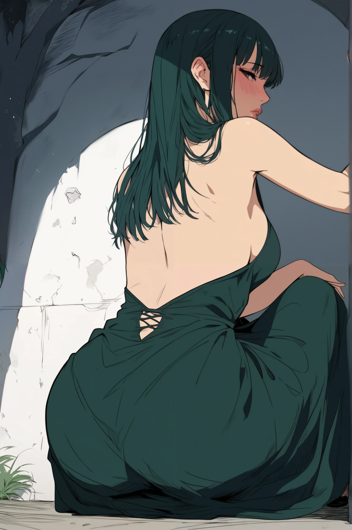 score_9, score_8_up, score_7_up, score_6_up, score_5_up, score_4_up, by sinozick, highly detailed, 4k. a woman in a green dress sitting on a ledge, fubuki from csm, beautiful anime girl squatting, fubuki, thicc, she wears a dark green dress, fubuki, looking from behind, back pose, full growth from the back, in full growth from the back, seductive anime girl, anime woman, green hair. Panty lines visible can see through dress, lovely, cute, adorable, blush, shy, glossy lips, super realistic details, physically accurate, high attention to detail. accurate, high attention to detail. 