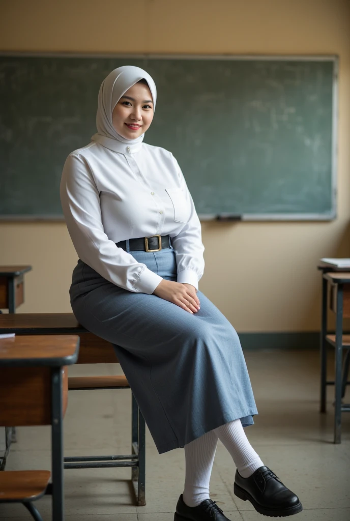  a beautiful indonesian woman (()) ((big boobs 2 .3)) sitting on a school bench )). (( Wears a white Islamic hijab to the chest)) ((shirt pocket on the left breast )). (( Indonesian high school uniform shirt in white color long sleeves )). (( Skirt up to calf color blue to ash)) (( wears black school belt )). ((feet wearing black shoes.)) socks white to calf )). ((  inside a school classroom  )).  Large and wide whiteboard background hanging on the classroom wall. Full body smiling . (( Rough colored Cctv footage . Warm light .  Low light.))