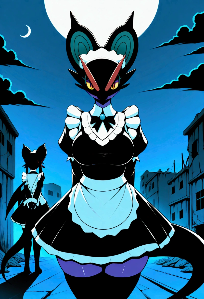 uploaded on e621, (biozs, kakiikada, anawat, r-mk), female, duo, twins, anthro, fur, feral, mammal, scalie, pokemon, noivern, two tone body, multicolored body, black and purple body, maid apron, long black maid uniform, uniform, clothing, white headwear, white panties, long black maid dress, black maid topwear, black thigh highs, thin body, thick thight, wide hips, tail, wings, arms crossed behind back, hidden breasts, unimpressed, looking at the viewer, post-apocalypse, desolated crumbling medieval city on background, late night, moon, dark alleyway, black clouds, detailed face, close-up, portrait, standing, next to each others,