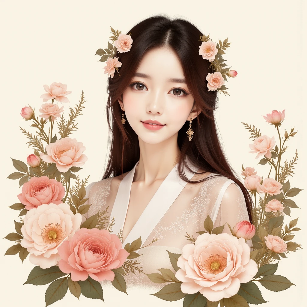 （Master masterpieces，high qulity，Very detailed，Perfect artwork，CG），（ink painting style：1.5），flowers, 1 asian woman, long hair down, gentle smile,