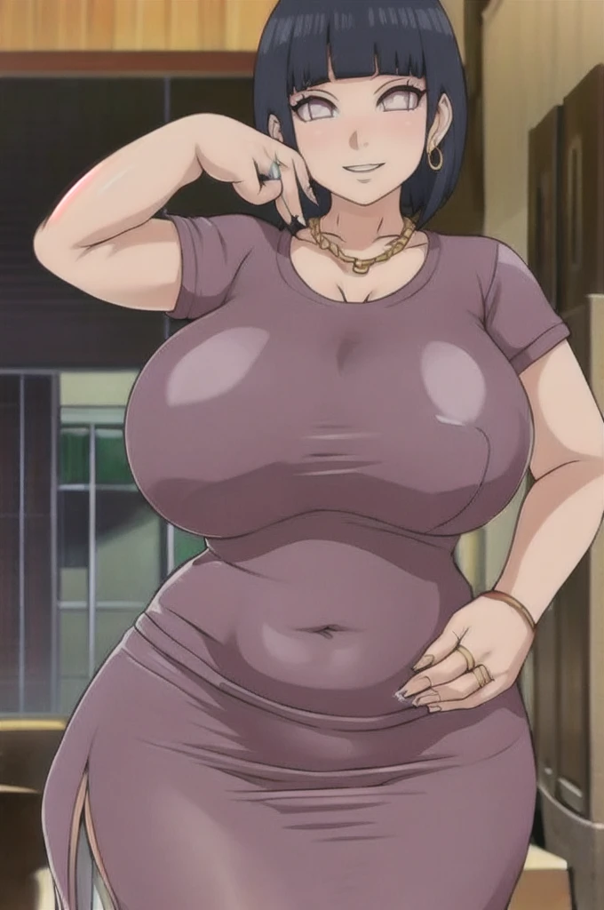 Hinata hyuuga,Big breast,((Cleavage)),Gold chain necklace,Gold hoopa bracelet,((oval hoopa earring)),colored Long nail,Skindentation,((Wedding ring)),ear visible,SHORT SLEEVE thin black dress,Solo,1girl,Detailed hand,Standing,((Body facing front)),Visible nape,Glossy lips,Wide hip,Curvy figure,Light blush,Gaze on viewer,Swaying hip,smile,Close mouth