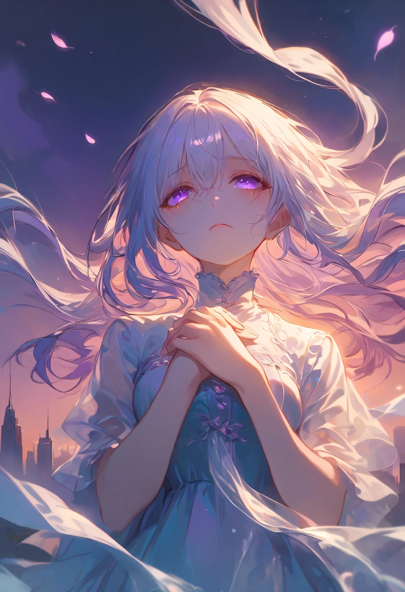 illustration, best quality, dramatic lighting, single girl, long hair flowing, melancholic expression, looking up at the sky, hands gently clasped at chest, tear in one eye, twilight colors, orange and purple gradient sky, falling petals, ethereal glow, distant city lights, emotional and serene atmosphere
