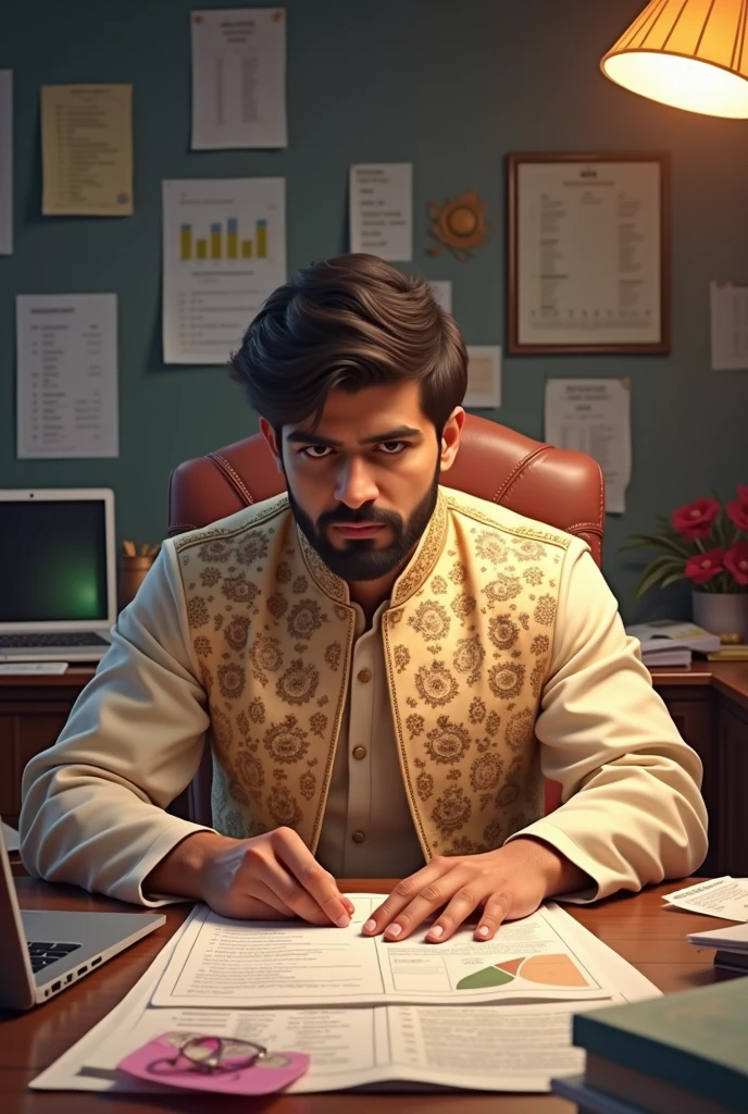 A Marwari businessman signing a partnership deal, with both traditional and modern elements in the scene.