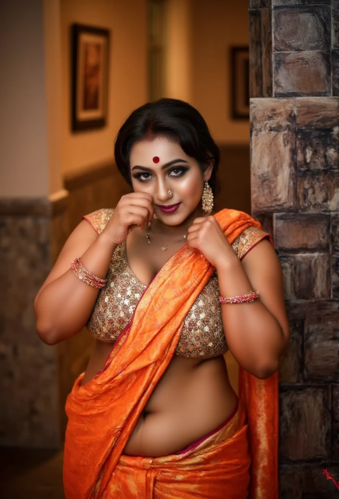 Looks like Sandeepa Dhar, Portrait of bare breasted native (( kerala warrior queen)) in futuristic city , large breasts, beautiful face, perfect boosum, rain, d&d, fantasy, intricate, elegant, highly detailed, digital painting, artstation, concept art, matte, sharp focus, illustration, art by artgerm and greg rutkowski and alphonse mucha, 8k, highly detailed, ((cinematic lighting)) ((scene from the end of the world)) dramatic, beautiful, thick figure, heavy physique, voluptuous, curvy, thick belly,