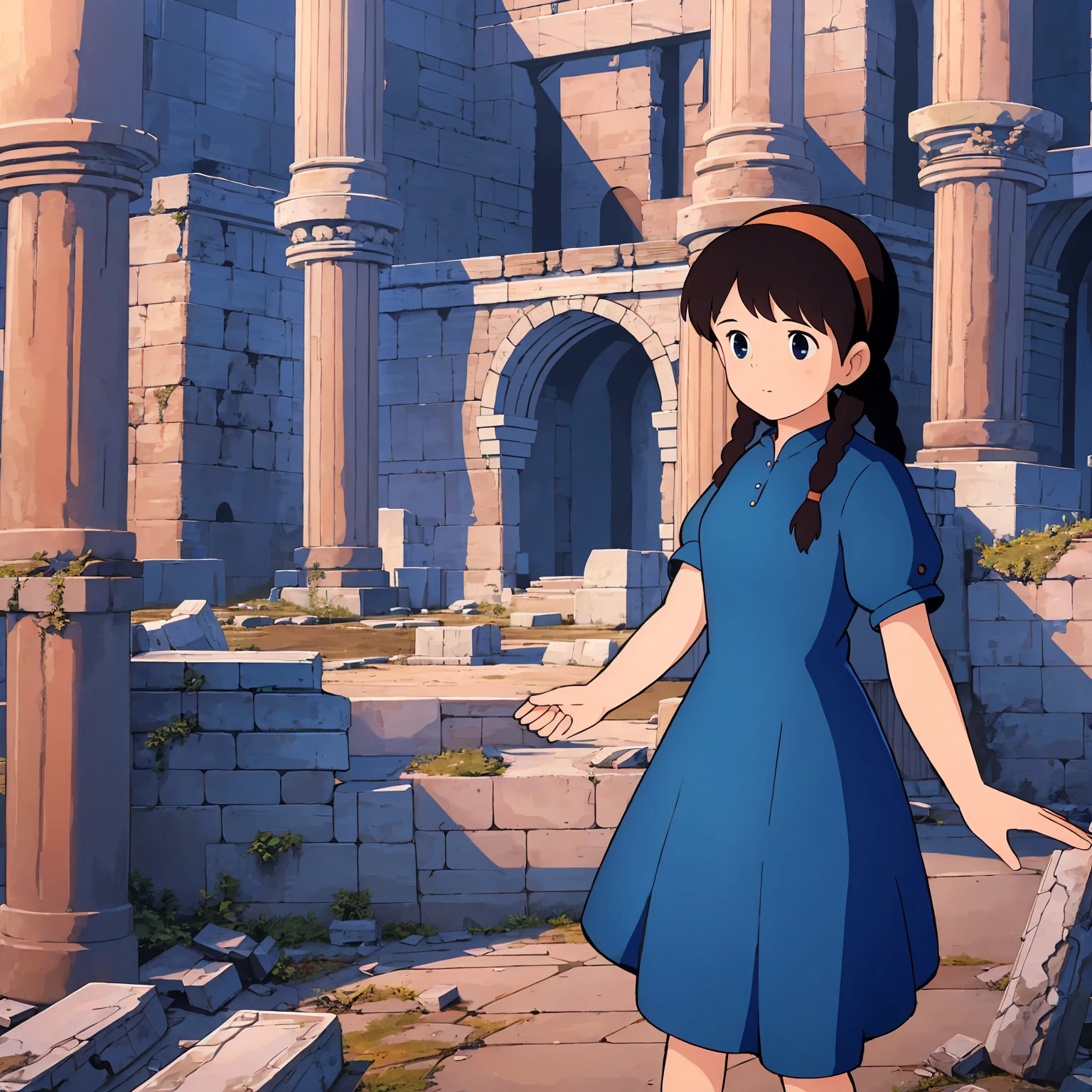 Sheeta,1girl,braids,blue_dress,Shake hands with R2-B2,Urban Background of Ancient Ruins