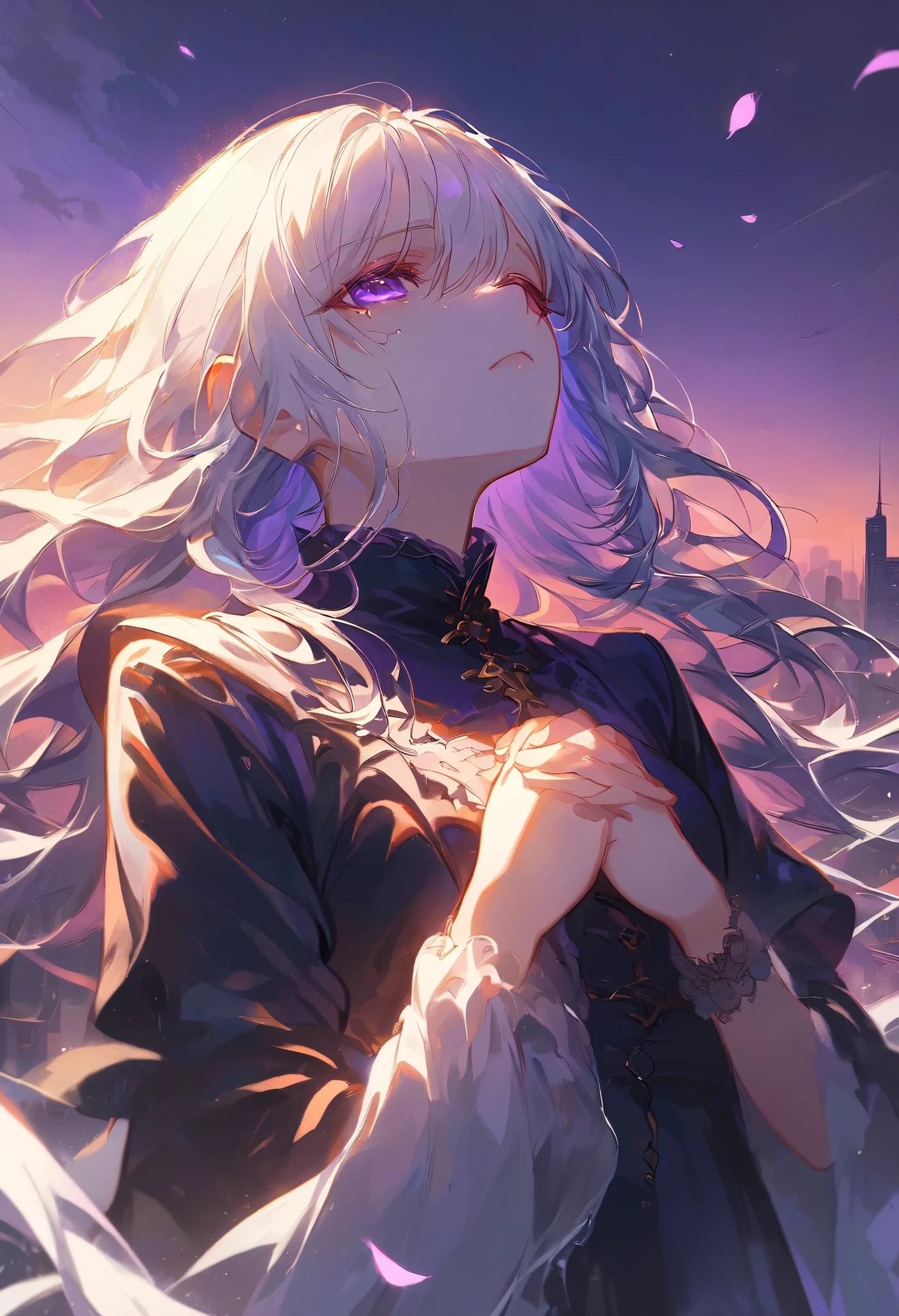 illustration, best quality, dramatic lighting, single girl, long hair flowing, dark gothic,melancholic expression, looking up at the sky, hands gently clasped at chest, tear in one eye, twilight colors, orange and purple gradient sky, falling petals, ethereal glow, distant city lights, emotional and serene atmosphere