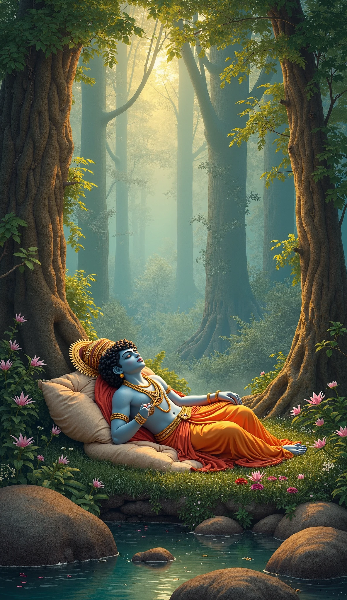Krishna sitting on a tree remembers the beauty of Radha by becoming an eye 