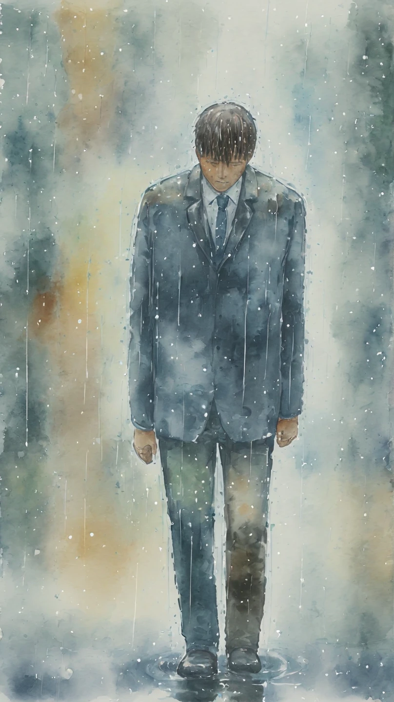 watercolor painting of a man in suit in the rain. full body shot of the man who is soaked under the rain. he tilts his head up to face the rain, the rainwater flows down his face. he is walking in the street, holding his hands out to feel the rain. watercolor brushes stroke painting style. the sky is dark.