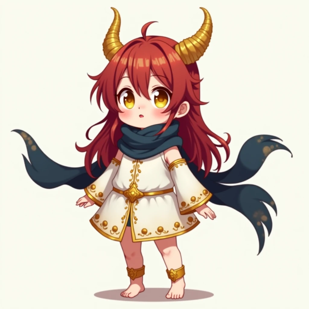 toddler,anime,young, long deep red hair , yellow eyes and golden horns ,white tunic with gold ,long dark blue scarf ,barefoot, designs with gold rings on her ankles,