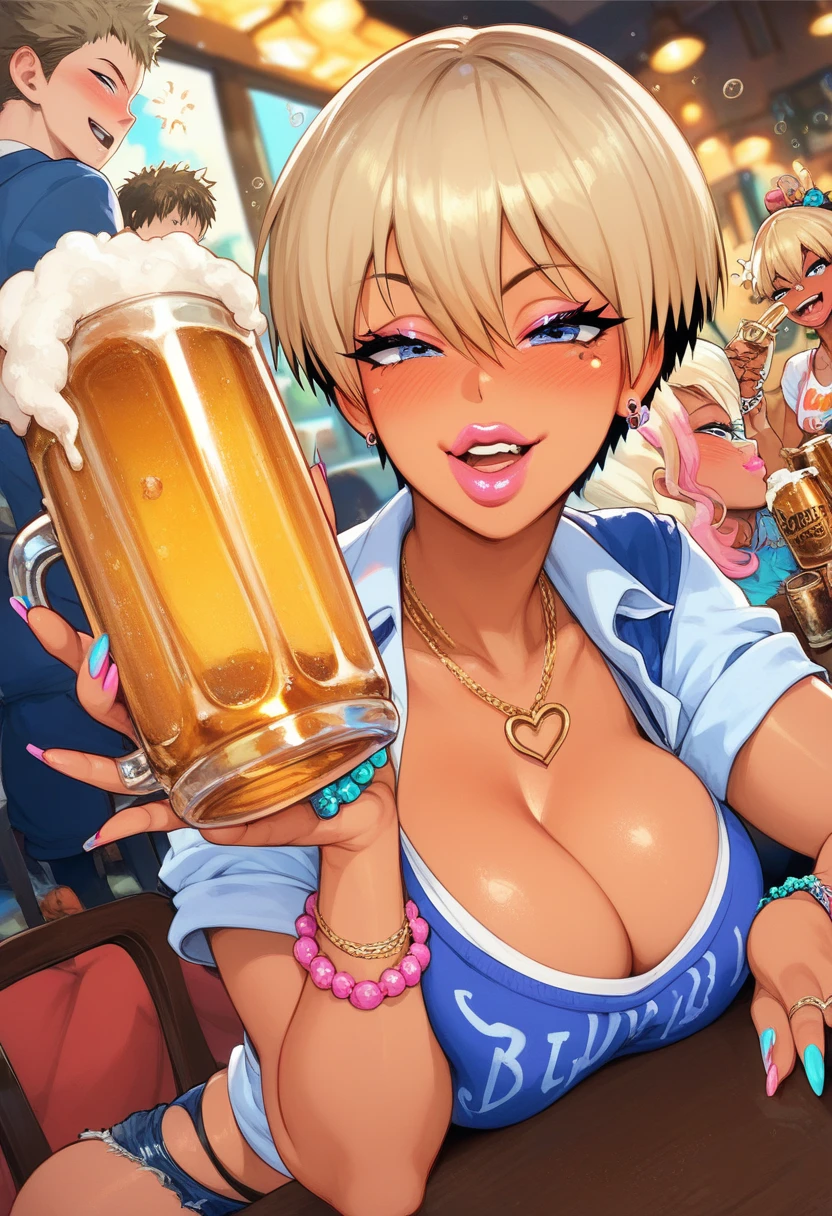 Hana Uzaki ,  Big breasts,  short hair blonde Gyaru, Gyaru tan,  painted lips, very sexy clothing revealing , drinking beer, drunk