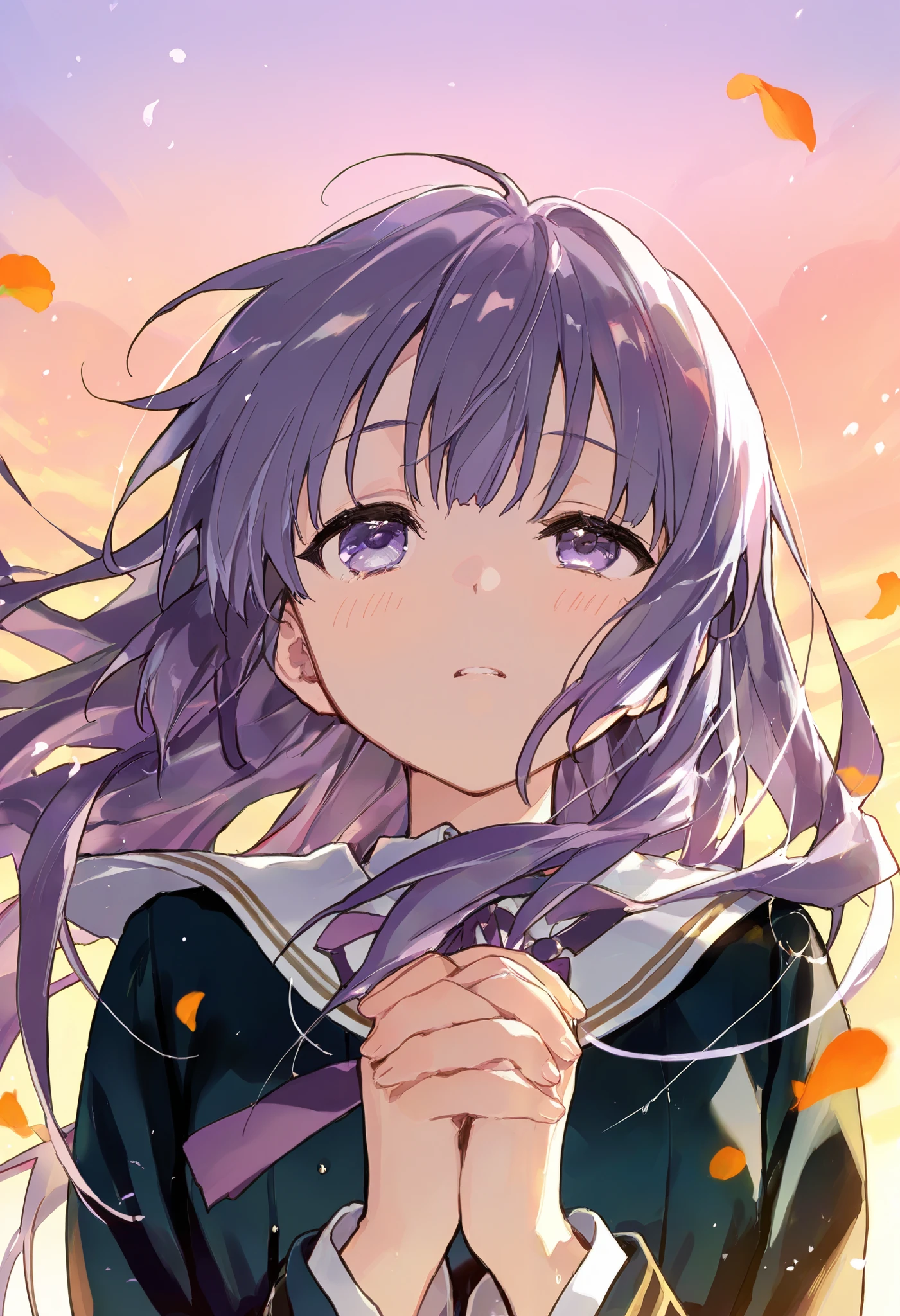 illustration, best quality, dramatic lighting, single girl, long hair flowing, melancholic expression, looking up at the sky, hands gently clasped at chest, tear in one eye, twilight colors, orange and purple gradient sky, falling petals, ethereal glow, distant city lights, emotional and serene atmosphere
