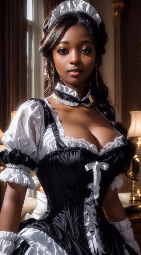 glamorous dark skinned ebony french maid in period dress, tight corset, porn star low light makeup,