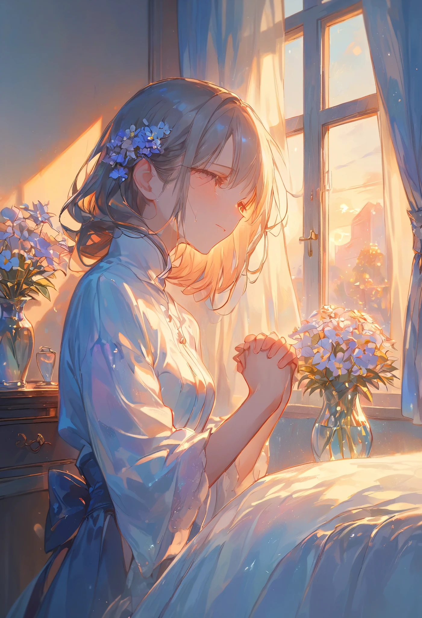 illustration, best quality, highly detailed, emotional scene, 1girl, kneeling beside a bed, holding hands with an older woman, soft and warm expression, faint light illuminating their faces, gentle tears on the girl's cheeks, window in the background showing a peaceful sunset, soft curtains swaying in a faint breeze, delicate flowers in a vase on the bedside table, bittersweet and heartfelt atmosphere, sense of love and farewell
