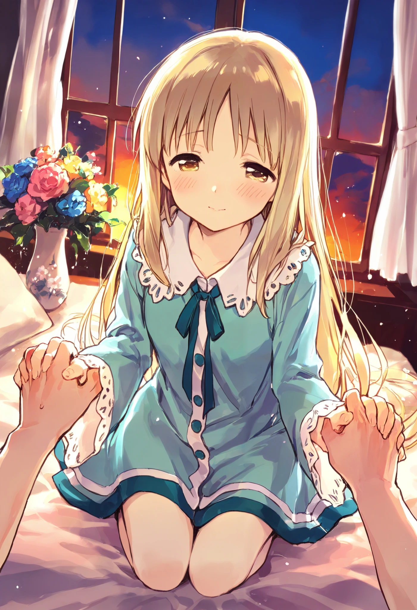 illustration, best quality, highly detailed, emotional scene, 1girl, kneeling beside a bed, holding hands with an older woman, soft and warm expression, faint light illuminating their faces, gentle tears on the girl's cheeks, window in the background showing a peaceful sunset, soft curtains swaying in a faint breeze, delicate flowers in a vase on the bedside table, bittersweet and heartfelt atmosphere, sense of love and farewell
