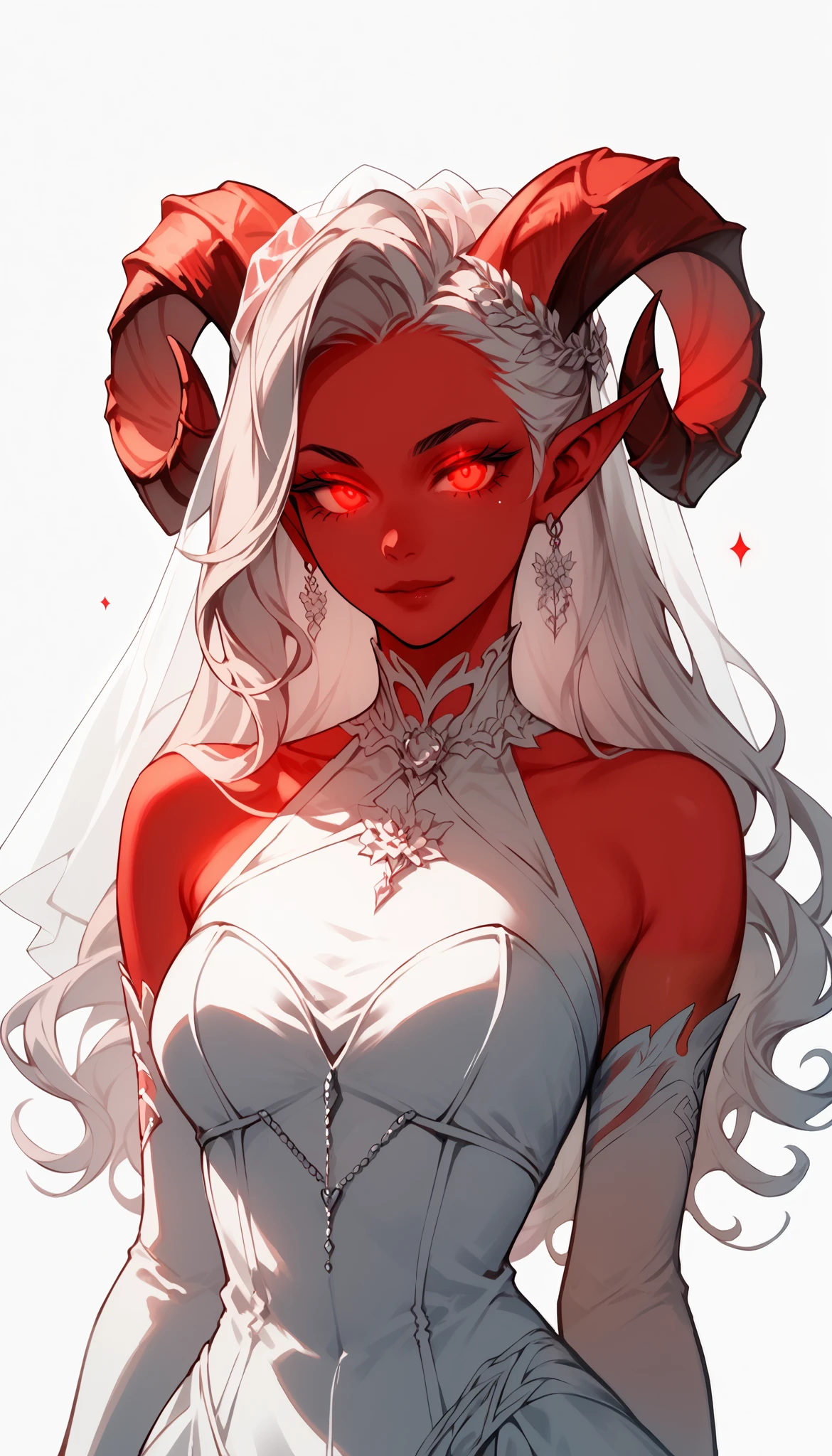 score_9, score_8_up, score_7_up, 1girl, solo, flowing hair, glowing red eyes, curved ram horns, sharp ears, red skin, demoness, stark white background, limited red palette, monochromatic, eerie atmosphere, light wedding dress, seductive,